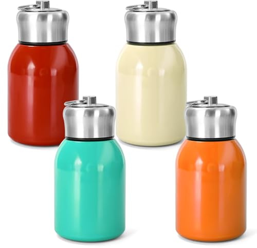 4 Pack Small Stainless Steel Water Bottles, 300ml Insulated Flasks | Pocket-Sized 7.5x14cm; Double-Wall Vacuum Insulation; Leakproof Spiral Lids; 4 Assorted Colors for Purses & Lunch Bags
