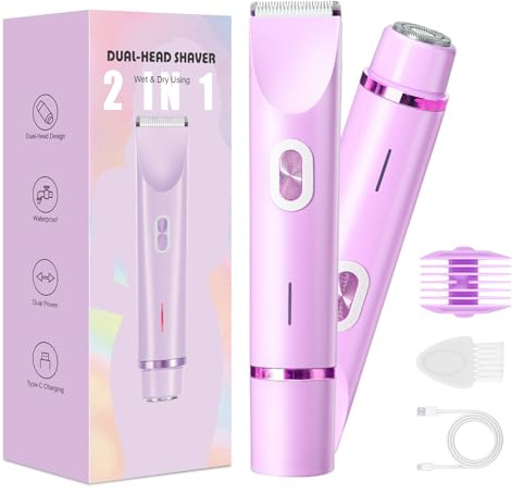 Rasierer Damen,2-in-1 Doppelkopf Intimrasierer für Frauen mit USB-C-Laden, Damenrasierer Elektrisch für Gesicht, Beine und Arme, Bikini trimmer mit Wasserdichter Trimmerkopf, Leicht zu Reinigen(Lila)