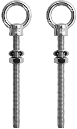 2 viti ad occhio con rondelle e dadi esagonali, M10 x 120 mm, vite ad anello lunga, bullone ad occhiello, dado ad anello in acciaio inox, per il fissaggio, da appendere