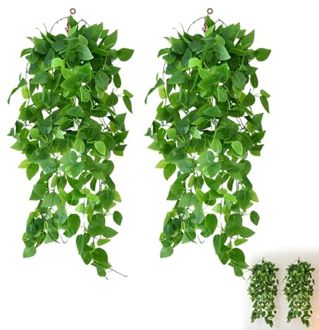 Sxingh 2 stycken konstgjord hängväxt – realistiskt grönt blad med täta blad, hängande växter konstgjorda för vägg, balkong, trädgård, bröllop och heminredning dekoration (modell E)