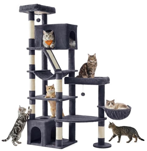 Feandrea Kratzbaum groß, 188 cm hoch, Katzenbaum für Große Katzen, mit 7 Sisalstämmen, 1 Kratzbrett, Doppelhöhle, große Plattform, für Mehrere Katzen, Dunkelgrau, Clawfy Kollektion PCT016G201