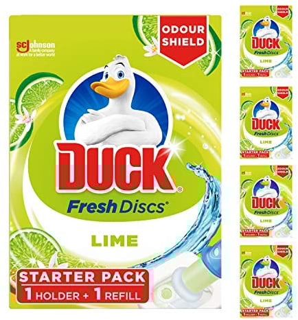 Duck Fresh Discs Toilet Cleaner Starter Kit, Fights Stains That Harbour Germs, Prevents Limescale Build Up, Lime, Pack of 5 (Each Kit contains 1 Holder + 1 Refill Tube)