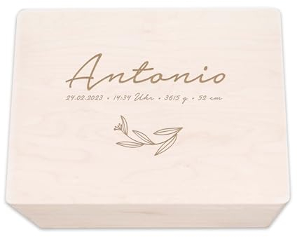 hellomini Personalisierte Erinnerungsbox aus Holz • Gravierte Aufbewahrungsbox mit Namen & Geburtsdaten • Geschenk zur Geburt, Taufe & Geburtstag • Hochwertige Baby-Erinnerungskiste (Blätter)