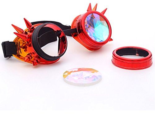 DODOING Gafas de caleidoscopio Steampunk Rave Gafas de cristal Rainbow Caleidoscopio Rave Gafas de cristal Rainbow Crystal Lens, Rojo naranja (pico), Taille unique