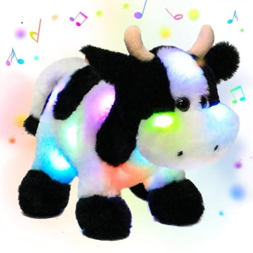 Hopearl LED Musical Gefüllte Kuh Licht auf singendes Plüschtier Einstellbare Lautstärke Ruhen animierte Beruhigung Geschenk für Kinder Kleinkind Mädchen, 30,5 cm