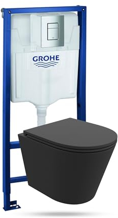 Lavita Vorwandelement Solido + Wand Hänge WC Galve Schwarz Spülrandlos + WC Sitz mit Absenkautomatik Verchromter Knopf Komplettset Unterputz Spülkasten Toilette Komplett Sett WC