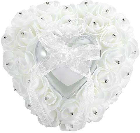 Joyzan Ringkissen Hochzeit, Braut Kissen Ring Bearer Trauringkissen für Trauung Kirche Zeremonie Herzform Verlobung Oder Eheringe Satinrose Herzförmig Perle Strass Dekor Valentinstag Ehering Box