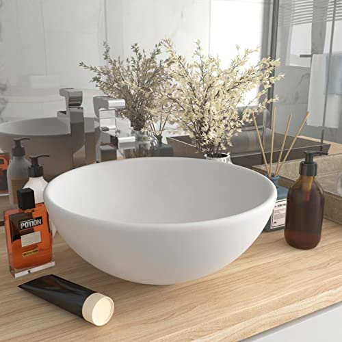 MOONAIRY Luxus-Waschbecken, Aufsatzwaschbecken, Bathroom Sink, Waschtisch, Ablaufgarnitur, Aufsatzbecken, Rund Matt Weiß 32,5x14 cm Keramik