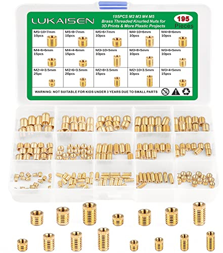 195 pièces Insert Fileté, Écrous Filetés, Écrous Moletés à Filetage | M2 M3 M4 M5 douilles filetées en laiton | Utilisable dans les pièces en plastique imprimées en 3D par chaleur ou ultrasons
