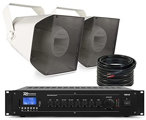 Power Dynamics HS650 Commercial Outdoor Horn Speaker System with Bluetooth Mixer Amplifier - IP66 Rated Weatherproof Audio Solution for Public Address & Background Music (Set of 2 Speakers)