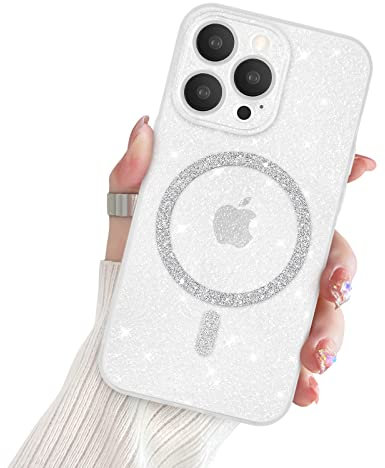 Newseego Glitter Clear iPhone 14 Pro Case for Girls Women [Compatible for MagSafe], Magnetic Phone Case Cute Sparkly Bling Slim Shockproof Camera Protection Bumper Cover for iPhone 14 Pro-White
