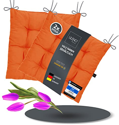 LILENO HOME 2er Set Stuhlkissen 06 Orange (40x40x6 cm) - Sitzkissen für Garten, Küche oder Esszimmer - UV-beständige Indoor u. Outdoor Stuhlauflage als Stuhl-Kissen (Linda FUM)