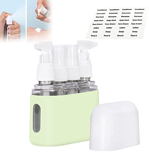 Mini Shampoo Dispenser Portable Travel Bottle Set, Mini Travel Shampoo And Conditioner Dispenser, Travel Containers With Labels For Toiletries, Travel Bottles For Toiletries (4 in 1,Green)