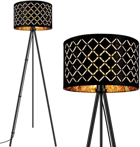 AUQUEE LED Stehlampe Whonzimmer, 6W Schwarz Stehleuchte, Moderne Dreibein Standleuchte aus Metall mit Dekorativem Lampenschirm und Fußschalter, Retro Leselampe Stehlamp für Wohnzimmer, Schlafzimmer