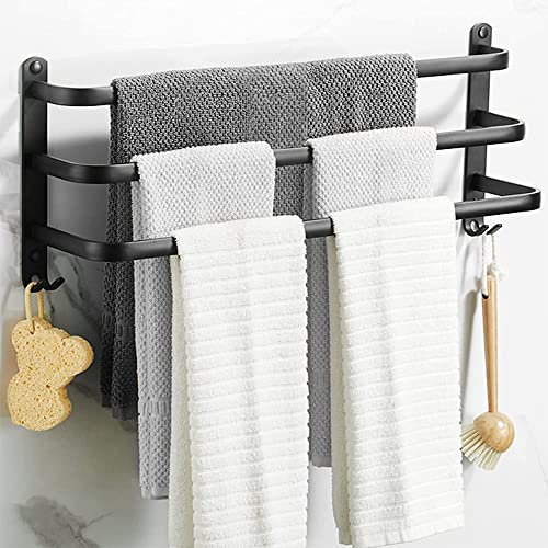 Porte Serviette Salle de Bain, Porte-Serviettes Mural en Aluminium, 3 étages Porte Serviette Salle de Bain étagère Serviette avec Crochets (Noir)