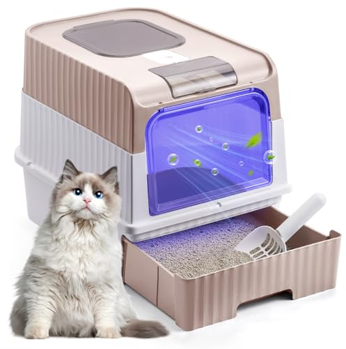 The Fellie Cat Litter Tray with UV Sterilization, Large Cat Litter Box with Lid, Anti-Splashing Cat Litter Tray with Drawer Pan and Scoop, Odor Control Easy Clean Foldable Litter Tray, Pink