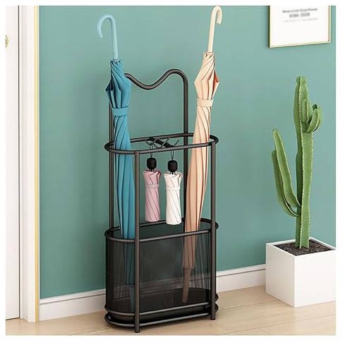 DOUZIO Umbrella Holder Sturdy Metal Umbrella Stand with 4 Hooks Walking Stick Holder Free Standing Umbrella Rack for Hallway, Home, Office Decor(Color:Black)