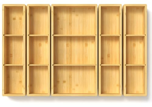 Lot de 5 organiseurs de tiroir en bambou réglables à 3 tiroirs individuels pour salle de bain et cuisine, boîtes de rangement en bois pour bijoux, maquillage et sachet de thé