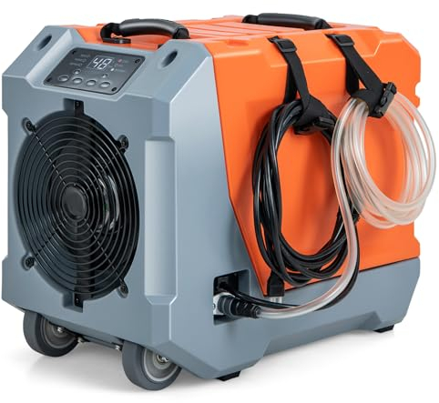 COSTWAY Deumidificatore Commerciale 85 L/Giorno, Deumidificatore con Pompa e Tubo di Scarico, Sbrinamento Automatico, 2 Ruote e Maniglia Pieghevole, Timer 24H, per Cantina Magazzino (Arancione)
