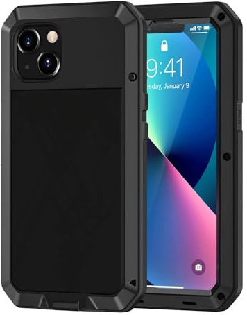 Pritify Heavy Duty Metal Case for iPhone 14 Shockproof Tough Rugged Case with Built-in Glass Screen Protector, 360 Full Body Dustproof Protective Cover Compatible Wireless Charging | Black