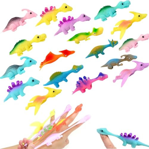 Skeadex 20 Stück Schleuder Dinosaurier Spielzeug, Slingshot Dinosaur Fingerspielzeug, Fliegende Dinosaurier Schleuder Spielzeug, Lustige Elastische Kleine Dinos Toys für Kinder Jungen Mädchen