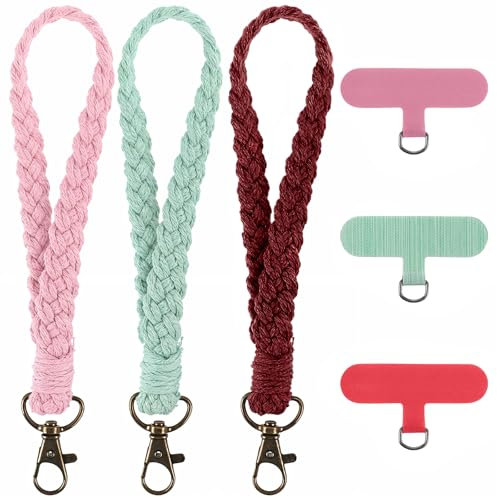 3 Stück Schlüsselanhänger Makramee Handy Band Kurz Geflochten Boho Schlüsselband Makramee Kurz Geflochtener Handy Kette Schlüsselanhänger Lanyard Armband