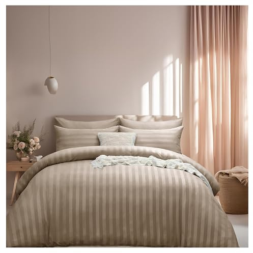J.Din Super King Size Satin Stripe Reversible Duvet Cover Sets, Beige | Soft Brushed Microfiber Bedding 3 Piece Duvet Bed Set Hotel Quality Quilt Cover with 2 Pillowcases