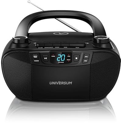 Universum BB 200 - tragbarer CD-Player mit Radio und Kassette - einfache Bedienung für Kinder & Senioren - AUX-IN, UKW Radio, Kopfhöreranschluss - kleine Boombox mit Netz- & Batteriebetrieb - Schwarz