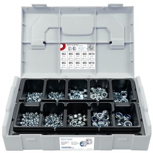 FRANTOS L-BOXX Mini DIN 934 Sechskantmuttern und DIN 985 Sicherungsmuttern Sortiment, 780 tlg. (Stahl verzinkt) - selbstsicherende Sechskant Muttern Schraubenmuttern Set