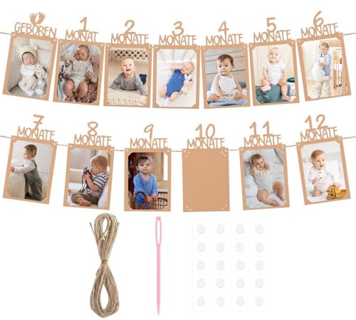 HJZHII Deko 1. Geburtstag Junge Mädchen,Geburtstagsdeko 1 Jahr,Foto Banner 1 Geburtstag Junge Mädchen für 1 Bis 12 Monate Baby Jungen Party Feiern Deutsch Kraftpapier Girlande Erster Kommunion