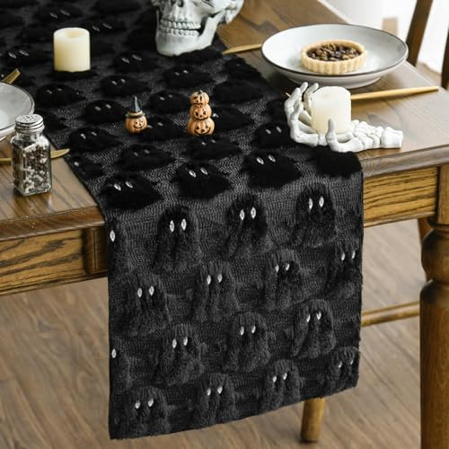 Artoid Mode Weich Plüsch Samt Faux Pelz Jacquard Schwarz Geist Halloween Tischläufer, Küche Tisch Dekoration Drinnen Urlaub Party Dekor 33x153 cm