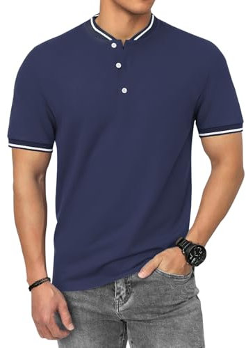 HMIYA Herren Poloshirt Baumwolle Kurzarm Sommer Henley Knopfleiste Kontrastierender Einfassung Basic Golf T-Shirts