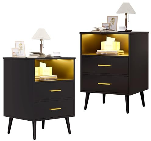 LVSOMT Nachttisch 2er Set mit Geheimfach und LED, Holz Nachttisch mit Drahtloses Ladefunktion, 3 Farben LED Licht, Metallgriffe und Füße, USB und USB-C, 3 Schubladen, Nachttische Schlafzimmer, Schwarz