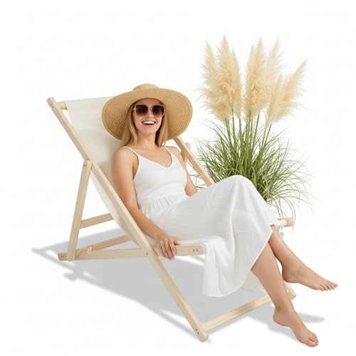 Mucola Strandliege Strandstuhl klappbar 3-Fach verstellbar Holz Beige | Atmungsaktiver Polyester-Bezug, Sicherung gegen ungewolltes Zusammenklappen, Strand, Garten, Pool, Kiefer-Gestell, tragbar