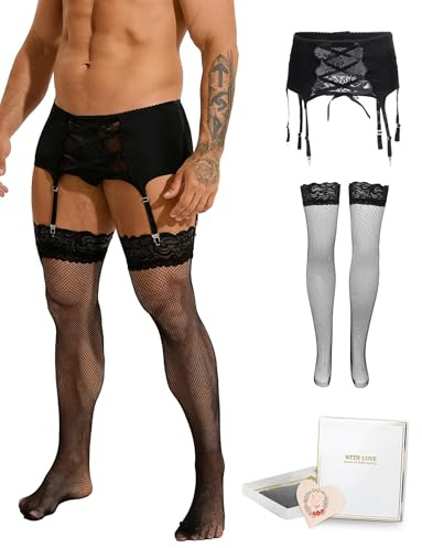 comeondear Liguero para Hombre Sexy con Encaje y Tirantes Cruzados, Arnés Ajustable de Cintura Baja con 6 Ligas para Medias, Lencería Masculina Sissy Abierto Estilo Gótico Tallas Grandes S-XL