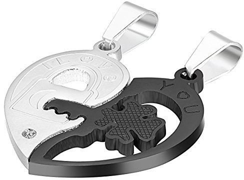 Cupimatch Jewellery 2 Piece Stainless Steel Lock and key Heart Shaped Love Pendant Necklaces Gifts for Couples, Chain Included