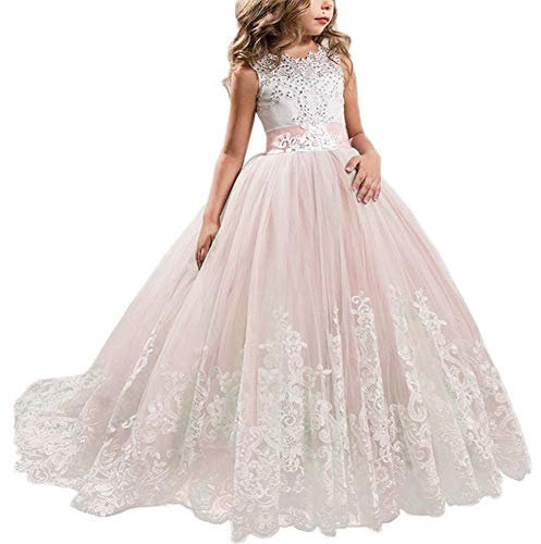 NNJXD Ragazze Pizzo Ricamo Fiore Matrimonio Festa di Compleanno Principessa Abito Coda Lunga Dimensione (140) 8-9 Anni 406 Rosa-A