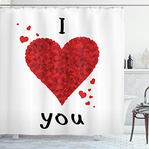 ABAKUHAUS Je t'aime Rideau de Douche, Amour Bouquet Coeur, Tissu Ensemble de Décor de Salle de Bain avec Crochets, 175 cm x 200 cm, Rouge Blanc