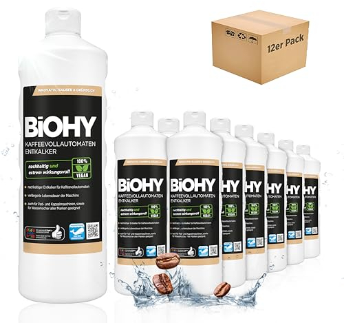 BiOHY Descalcificador de cafetera (12 botellas de 1 litro) | Ideal para descalcificar todas las cafeteras y máquinas de espresso | Apto para todas las marcas conocidas (Kaffee Entkalker)