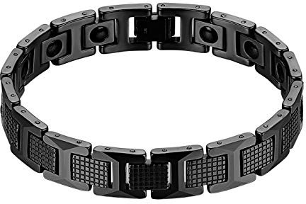 JewelryWe Schmuck Herren Magnetarmband, Edelstahl Magnet Therapie Kugel Kariert Rechteck I Link Handgelenk Kette Armband Gliederarmband für Männer Junge, Schwarz
