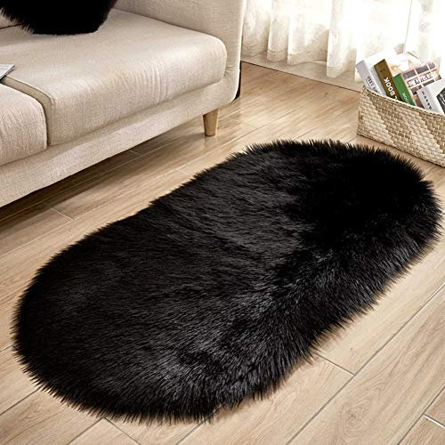 YAOTT Shaggy Lammfellimitat Teppich Oval, Warme Kunstpelz-Haushaltspelz-Teppiche, rutschfeste Langhaarige Fellteppich für Schlafzimmer Wohnzimmer Kinderzimmer Stuhl Sofa Schwarz 40X60CM
