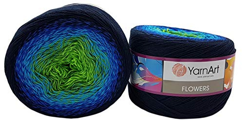 YarnArt Flowers 500 Gramm Bobbel Wolle Farbverlauf, 55% Baumwolle, Bobble Strickwolle Mehrfarbig (blau türkis grün 300)