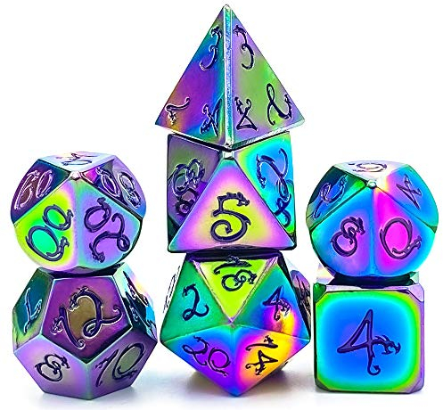 World of Dice Metallwürfel-Set Drachenwürfel - Prisma - Pen & Paper Würfel-Set aus Metall, 7-teiliges polyedrisches Set, für Dungeons and Dragons, DSA, Cthulhu, UVM.