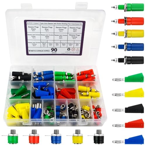 WMYCONGCONG 90 Stück 5 Farben 3 Typen 4mm Bananenstecker Buchse Stecker Binding Post Sortiment Kit für Audio Lautsprecher Verstärker Prüfspitzen Post Jack Löten
