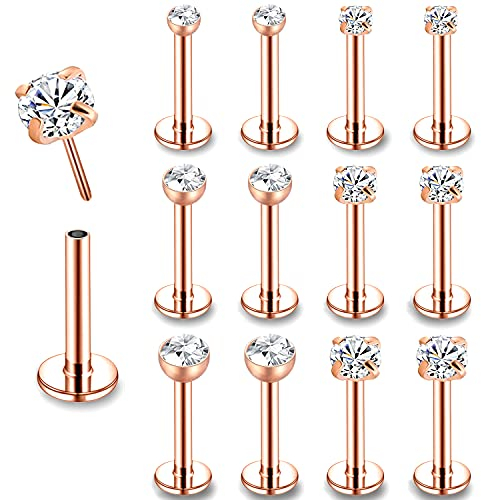 16G Pushin Lip Rings, Stainless Steel Medusa Piercing Jewelry, 2mm 3mm 4mm CZ Forward Helix Earring, Labret Monroe Piercing Jewelry for Women Men (12Pcs Rose Gold,L:6mm)