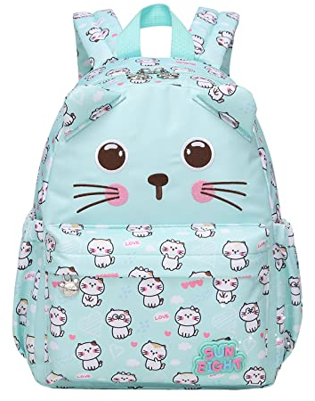 Tanou Kindergartenrucksack Mädchen, 8L Rucksack Kinder für Kindergarten, Süße Kinderrucksack mit Brustgurt im Cartoon-Tier-Stil für Kita Mädchen von 2-5 Jahre, Grüne Katze