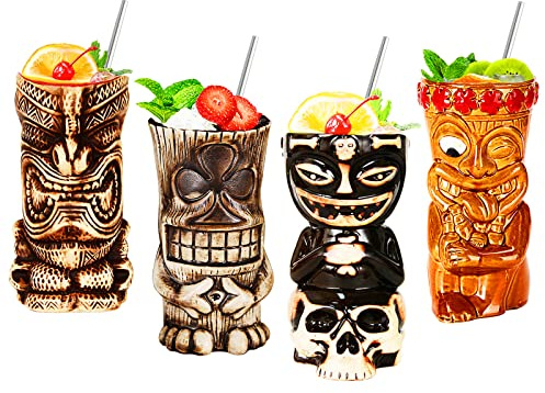 NUACOS Tiki Mugs,Verres de bar Tiki,verres cocktail Ensemble de 4,Bar Accessories,pour décoration de fête exotique