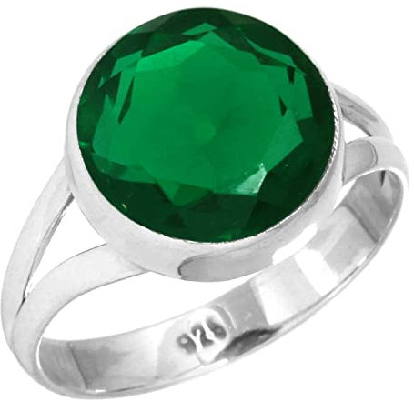 Jeweloporium Grüner Smaragd-Simulationssilberring, Größe 49 (15,6), 925er Sterlingsilberring für Damen, klobiger runder Stein, handgefertigter Schmuck
