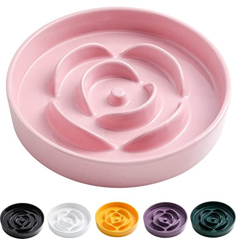 Addogyy 8.66 in Pink Ceramic Slow Feeder Dog Bowl for Medium and Large Breed - Heavy Weighted Puzzle Feeding Dish for Fast Eaters, Modern Maze Design