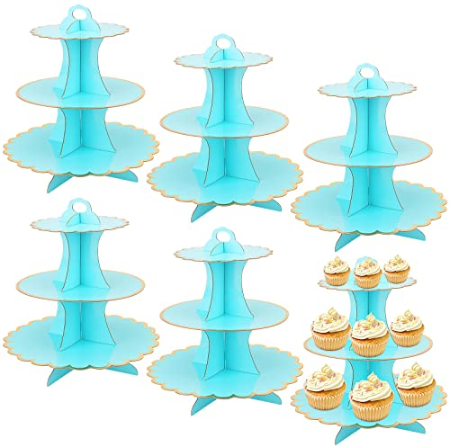 ZEONHEI 6 Pack 3 Tier Cardboard Cake Stand, Round Cardboard Cupcake Tower Holder, Blue Cupcake Display Stand for Birthday Party, Christmas Party, Wedding